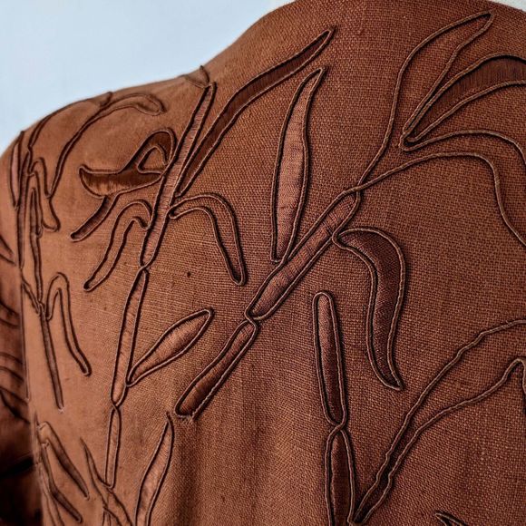 Carmen Marc Valvo Brown Linen Women's 12 Embroidered Snap Front Jacket - Picture 6 of 10